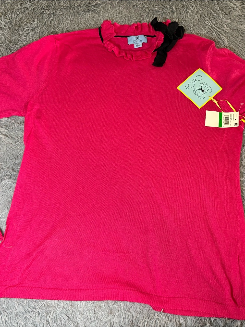 CeCe Hot Pink Short Sleeve Top with Black Bow Trim